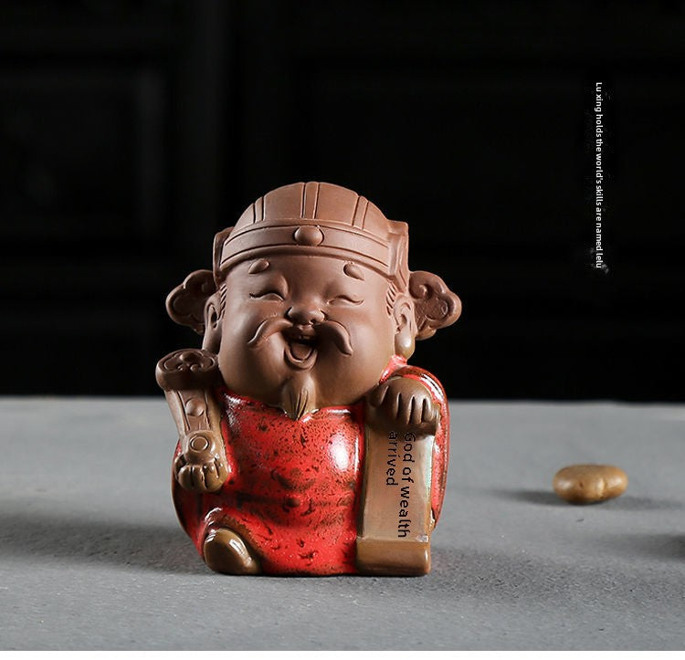 Fine ceramic ornaments Fu Lu Shou God of Wealth ornaments hand-made sculpture tea toy small Buddha statue purple sand tea ceremony tea pet can be raised