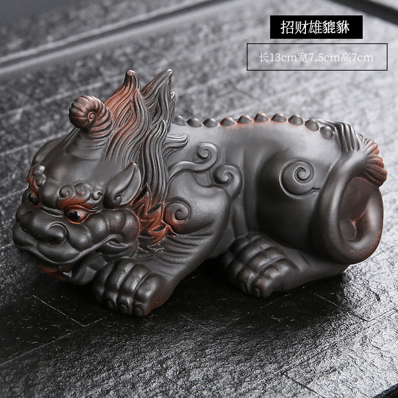 A pair of purple pottery Pixiu tea pet ornaments, fine and edible, handmade, high-end fortune-bringing tea table accessories