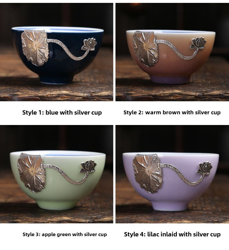 Kiln-changed silver-inlaid ceramic teacup sterling silver tea cup Kung Fu tea set Jianzhan master cup single cup tea bowl tea cup home use