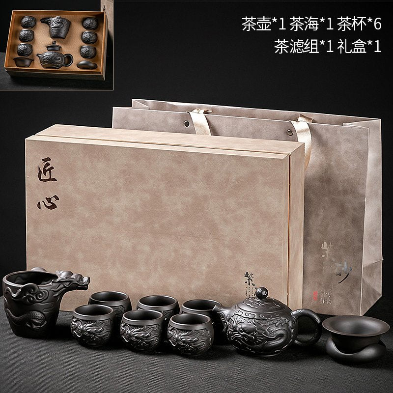 Longteng Sihai luxury purple sand tea set household tea tray office reception Kung Fu teapot covered bowl teacup