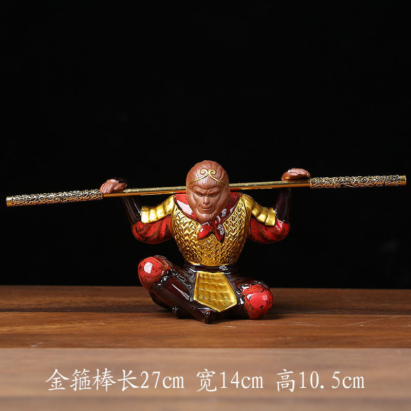 [The golden hoop can be removed] White porcelain fighting Buddha Monkey King Sun Wukong ornaments home porch living room wine cabinet decoration tea tray tea pet