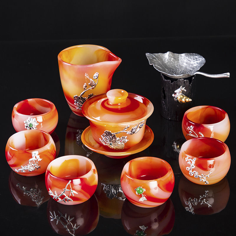 High-grade red agate jade porcelain Kung Fu tea set luxury natural glass lidded bowl tea cup office home gift