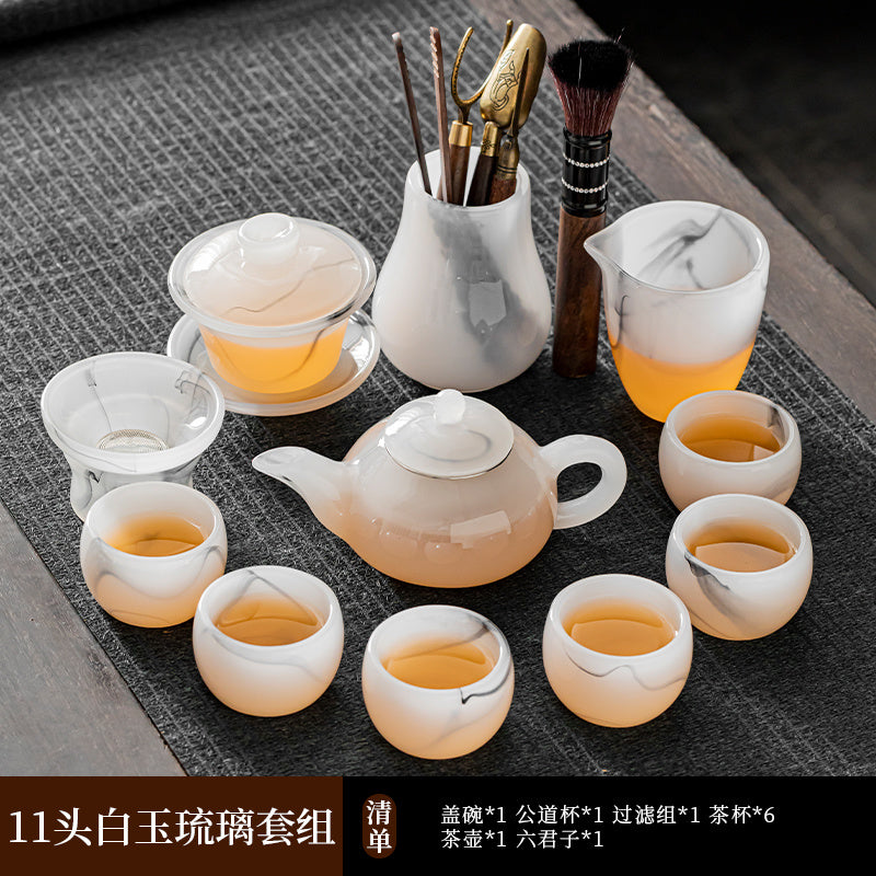 Mutton Fat Jade Porcelain Glass Kung Fu Tea Set 2025 New Light Luxury High-end Home Boutique High-end Tea Cup Set