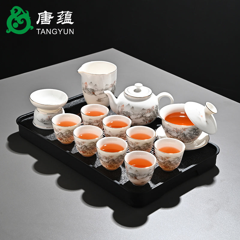 Ice-type mutton-fat jade white porcelain Kung Fu tea set home office reception ceramic covered bowl tea cup high-end gift box