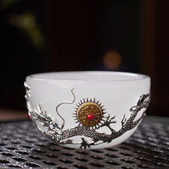 New hand-made silver-inlaid glazed jade white dragon and phoenix host tea cup single creative tea cup jade porcelain tea cup