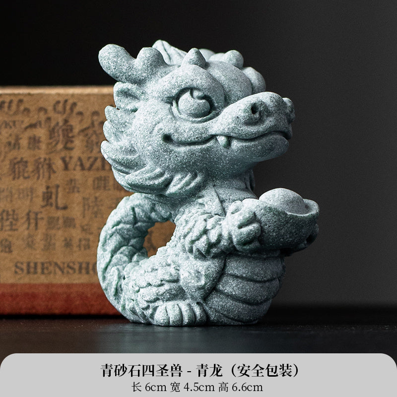 New Chinese style cute healing system fortune-attracting four beasts mascots blue sandstone tea pet ornaments Qinglong desktop decoration