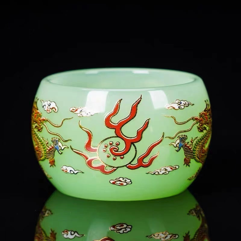 New hand-made silver-inlaid glazed jade white dragon and phoenix host tea cup single creative tea cup jade porcelain tea cup