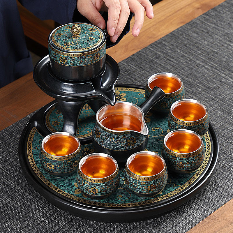 [Kaolin material] Enamel handmade ceramic silver-plated tea set 999 silver automatic tea set Kung Fu teacup tea brewing household teapot