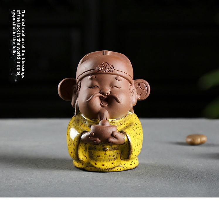 Fine ceramic ornaments Fu Lu Shou God of Wealth ornaments hand-made sculpture tea toy small Buddha statue purple sand tea ceremony tea pet can be raised