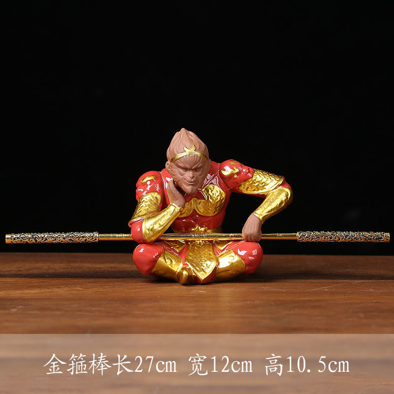 [The golden hoop can be removed] White porcelain fighting Buddha Monkey King Sun Wukong ornaments home porch living room wine cabinet decoration tea tray tea pet