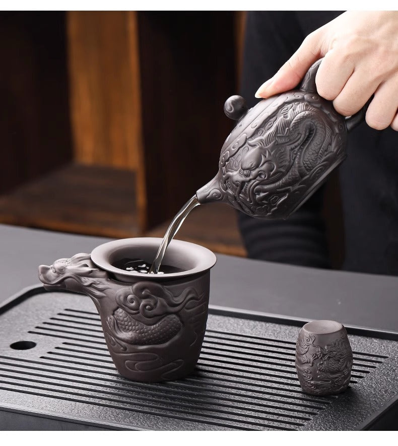 Longteng Sihai luxury purple sand tea set household tea tray office reception Kung Fu teapot covered bowl teacup