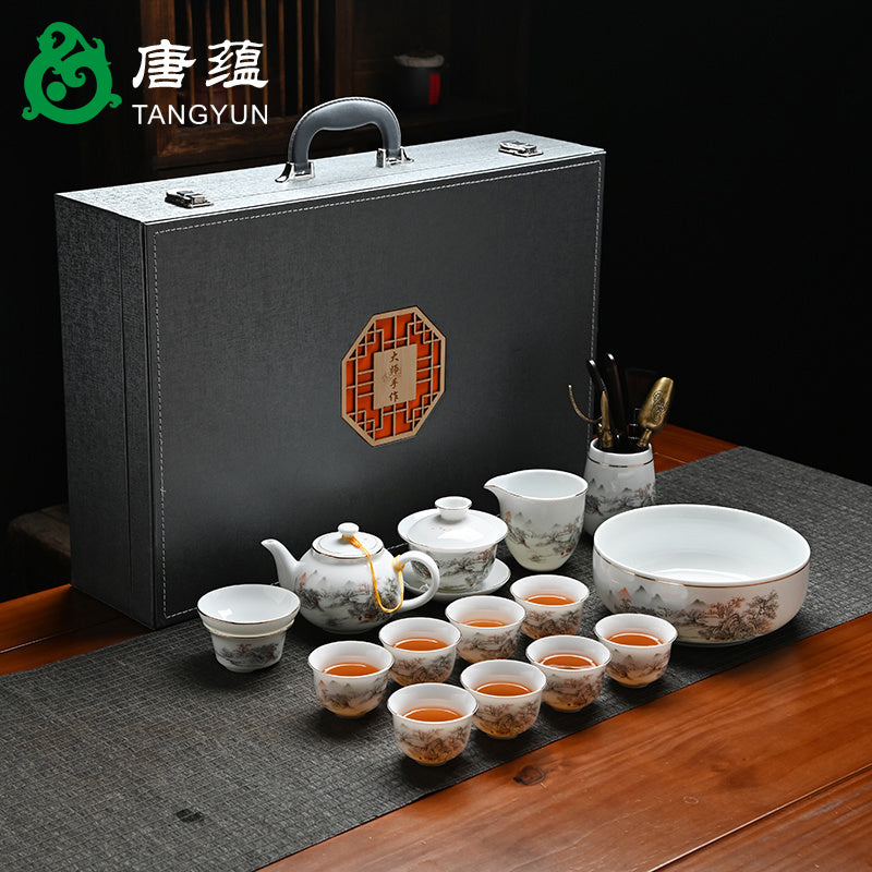 Ice-type mutton-fat jade white porcelain Kung Fu tea set home office reception ceramic covered bowl tea cup high-end gift box