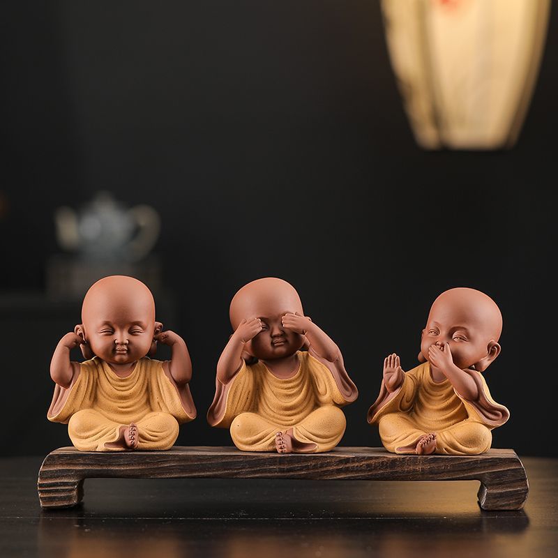 Chinese Zen Three Little Monks Cute Characters Ceramic Home Furnishings Office Desktop Zen Tea Pet Furnishings