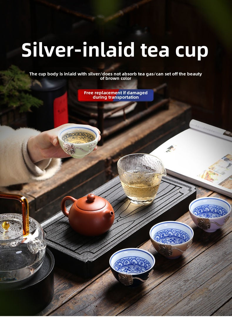 Kiln-changed silver-inlaid ceramic teacup sterling silver tea cup Kung Fu tea set Jianzhan master cup single cup tea bowl tea cup home use