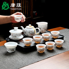 Ice-type mutton-fat jade white porcelain Kung Fu tea set home office reception ceramic covered bowl tea cup high-end gift box