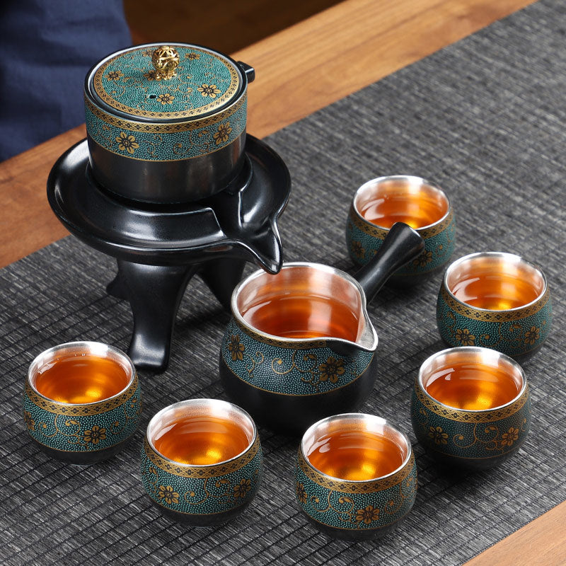 [Kaolin material] Enamel handmade ceramic silver-plated tea set 999 silver automatic tea set Kung Fu teacup tea brewing household teapot