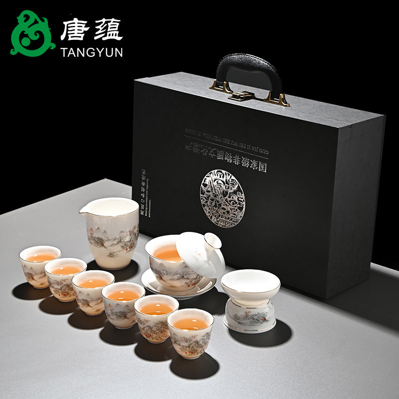 Ice-type mutton-fat jade white porcelain Kung Fu tea set home office reception ceramic covered bowl tea cup high-end gift box