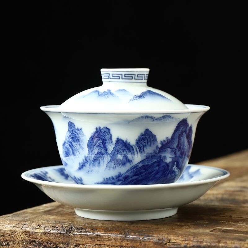 Three-piece porcelain set Ru kiln ink-colored auspicious cloud lidded bowl with cracks, can be used to raise a tea cup, anti-scalding Kung Fu tea set, tea brewing cup