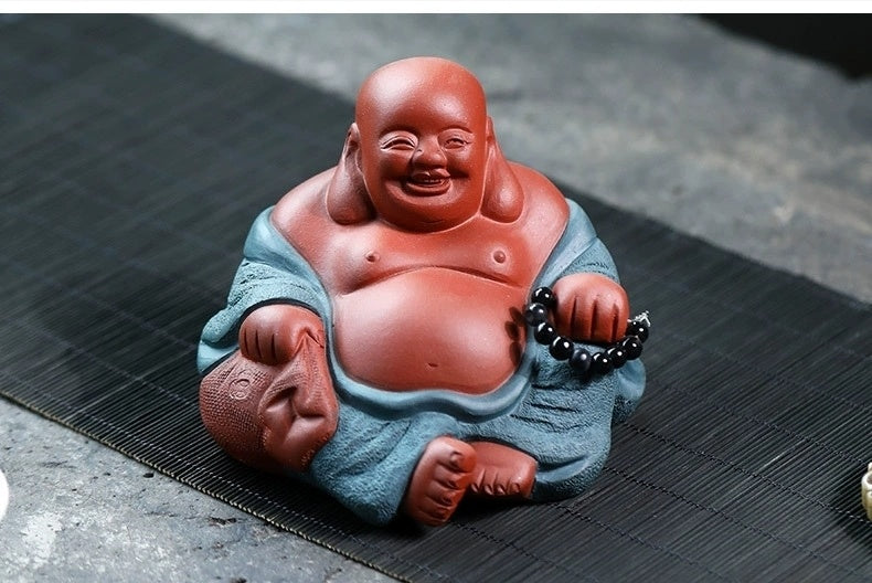 Large boutique Maitreya Buddha Yixing purple sand tea pet small Buddha ornaments handmade powder paste tea play Kung Fu tea set little monk