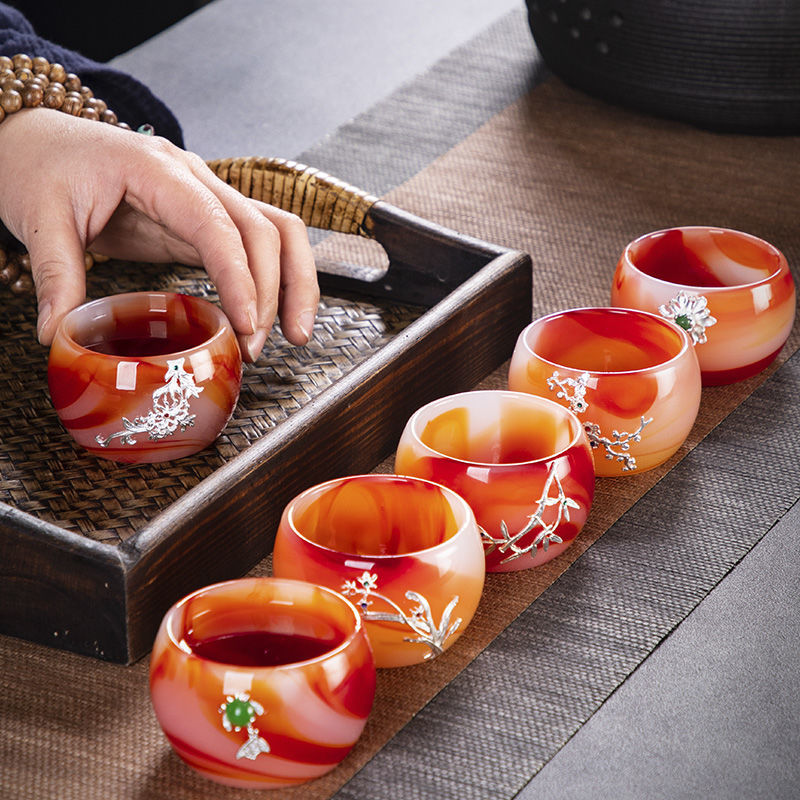 High-grade red agate jade porcelain Kung Fu tea set luxury natural glass lidded bowl tea cup office home gift