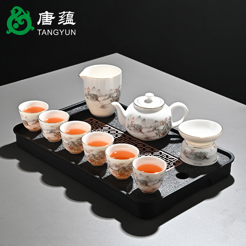 Ice-type mutton-fat jade white porcelain Kung Fu tea set home office reception ceramic covered bowl tea cup high-end gift box