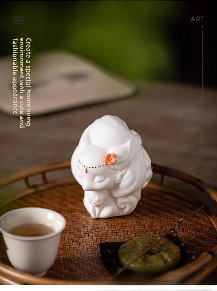 Dehua preferred cute white porcelain nine-tailed fox small ornaments tea ceremony tea table tea play tea pet ornaments desktop can be raised decoration