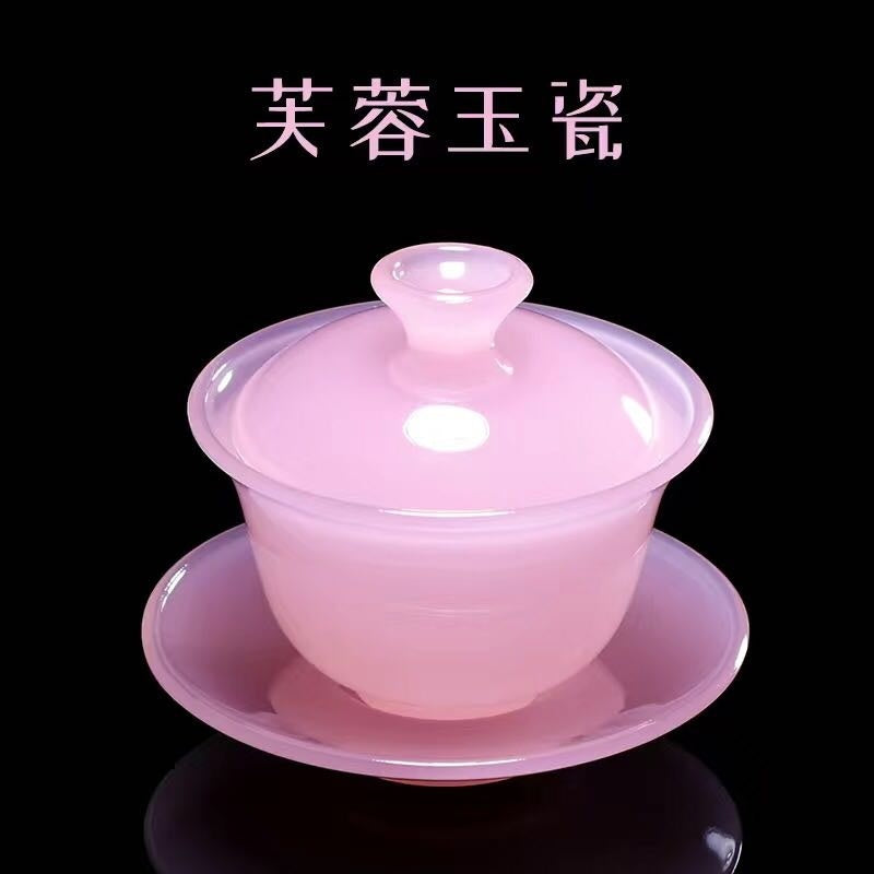 High-grade gold inlaid jade dragon and phoenix large covered bowl tea cup glazed jade tea bowl with lid tea set ancient kung fu tea bowl