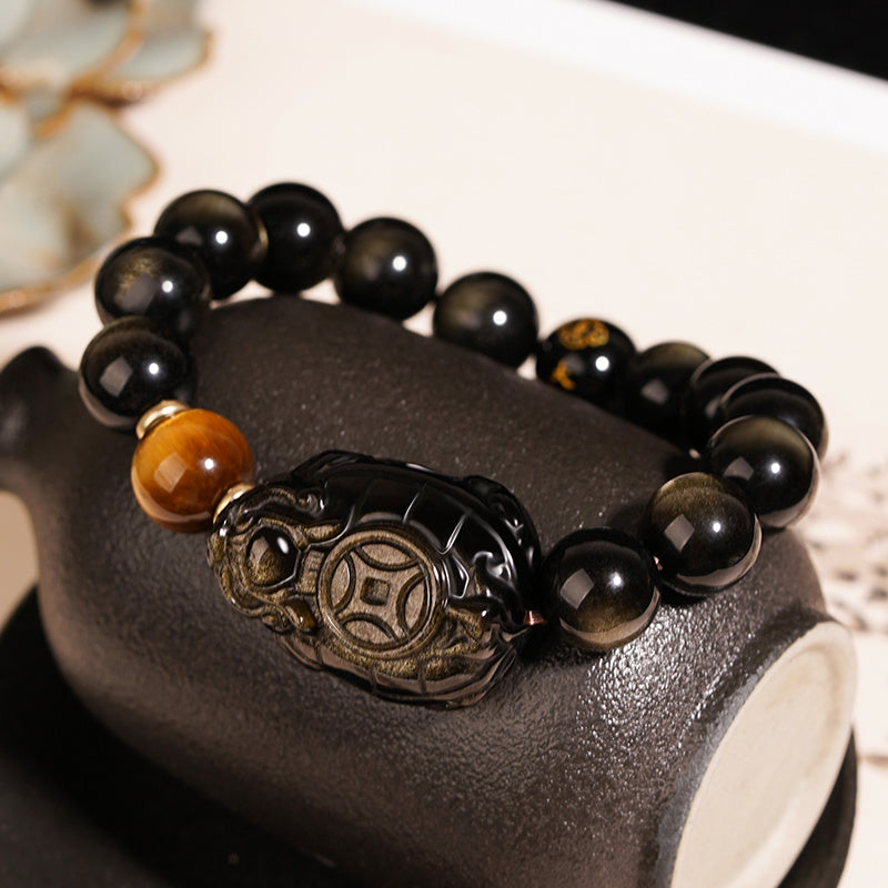 Gold Obsidian Dragon Turtle Bracelet Men's Obsidian Zodiac Buddha Beads Bracelet Transfer National Style Beaded Hand Jewelry Can Be Played