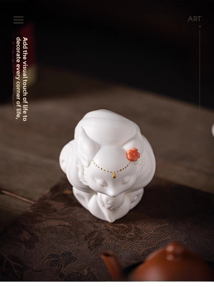 Dehua preferred cute white porcelain nine-tailed fox small ornaments tea ceremony tea table tea play tea pet ornaments desktop can be raised decoration