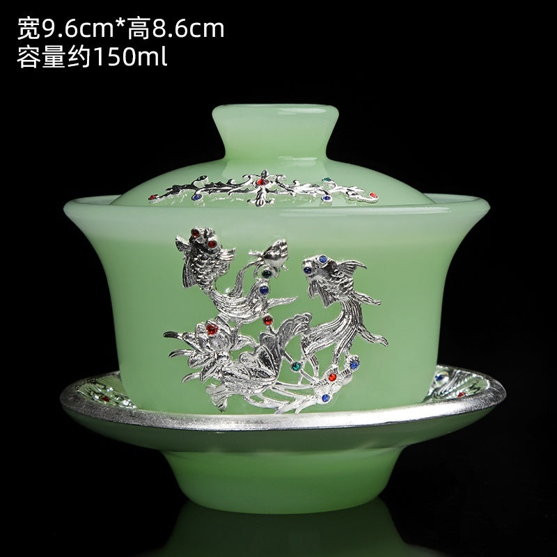 High-grade gold inlaid jade dragon and phoenix large covered bowl tea cup glazed jade tea bowl with lid tea set ancient kung fu tea bowl