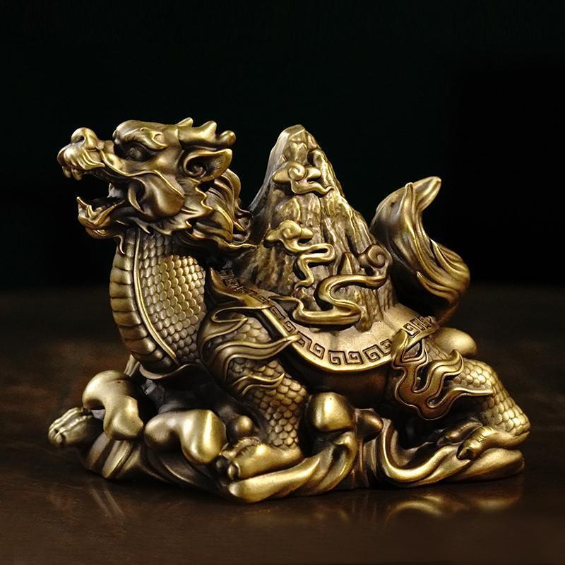 Brass dragon turtle carrying mountain ornaments exquisite hand-held pieces Xuanwu Baxia tea pet home office desk decoration gifts