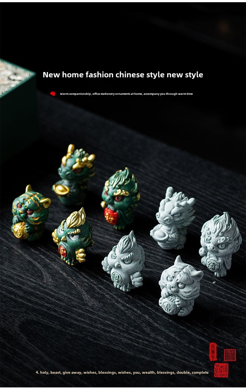 New Chinese style cute healing system fortune-attracting four beasts mascots blue sandstone tea pet ornaments Qinglong desktop decoration