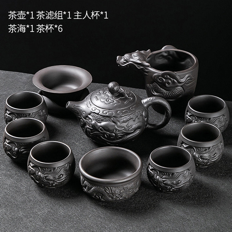 Longteng Sihai luxury purple sand tea set household tea tray office reception Kung Fu teapot covered bowl teacup