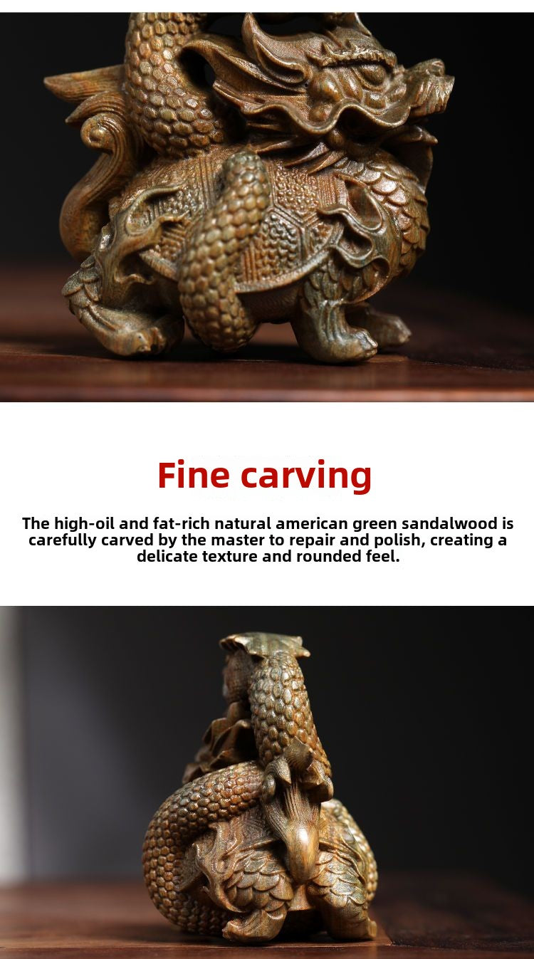 Natural jade sandalwood green sandalwood basalt dragon turtle wood carving hand-held ornaments small ornaments retro