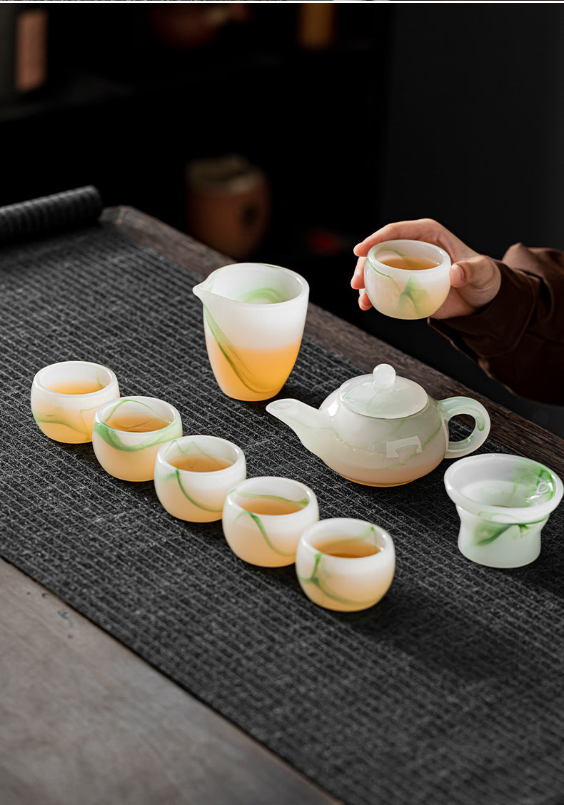 Mutton Fat Jade Porcelain Glass Kung Fu Tea Set 2025 New Light Luxury High-end Home Boutique High-end Tea Cup Set