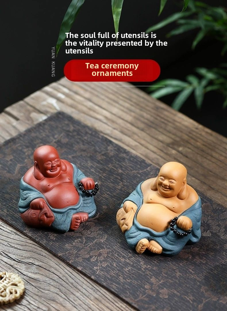 Large boutique Maitreya Buddha Yixing purple sand tea pet small Buddha ornaments handmade powder paste tea play Kung Fu tea set little monk