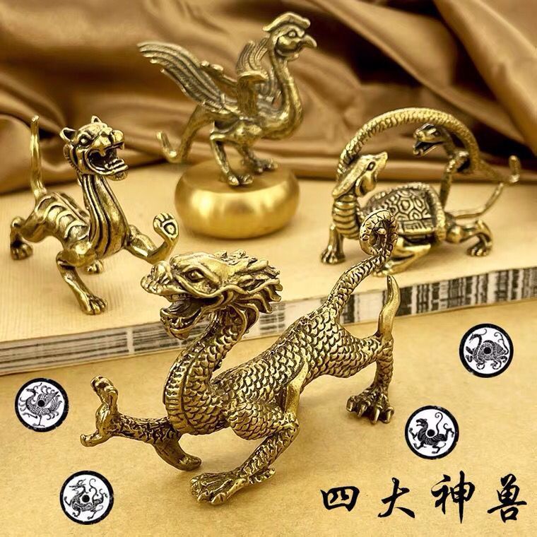 Brass ancient four mythical beasts tea pet ornaments living room retro decoration Qinglong white tiger Suzaku Xuanwu desktop copperware