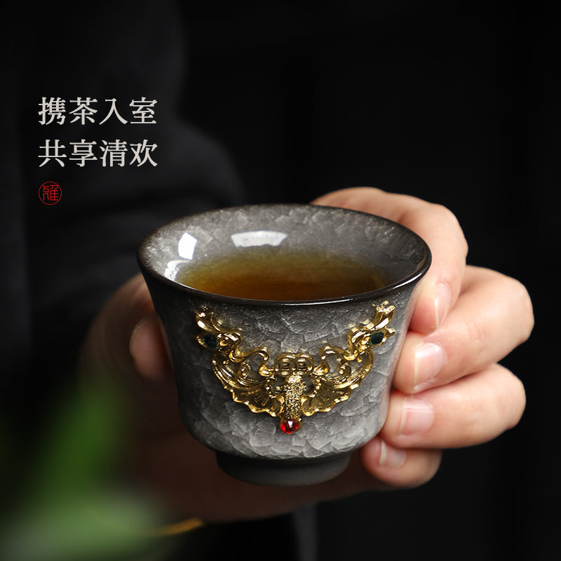 [Chinese style] Black ice flower gold inlaid jade tea cup home reception tea cup ceramic Kung Fu tea set single high-end tea cup host cup