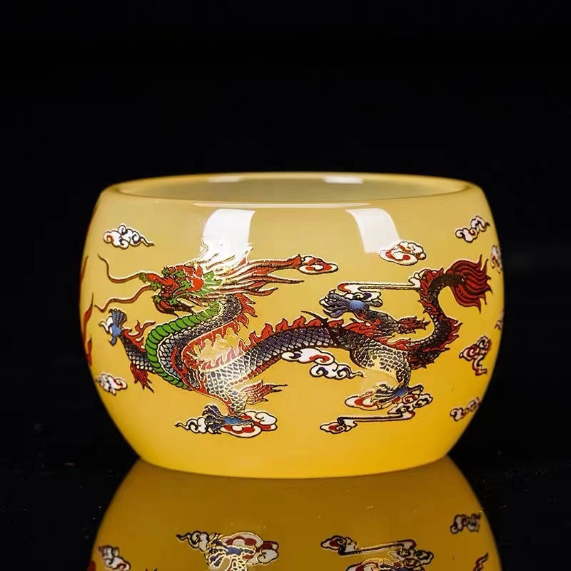 New hand-made silver-inlaid glazed jade white dragon and phoenix host tea cup single creative tea cup jade porcelain tea cup