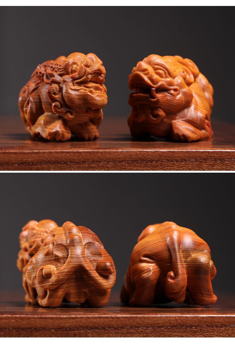 Natural cypress wood carved Pixiu ornaments, hand-held pieces, single and double horn Pixiu, gifts for men