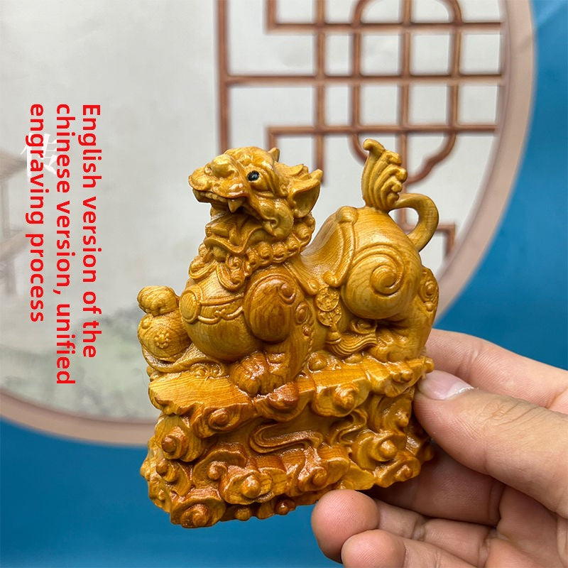 Pixiu stepping on Ruyi cliff cypress wood carving fortune-bringing Pixiu car ornaments living room decorations gifts home home desktop