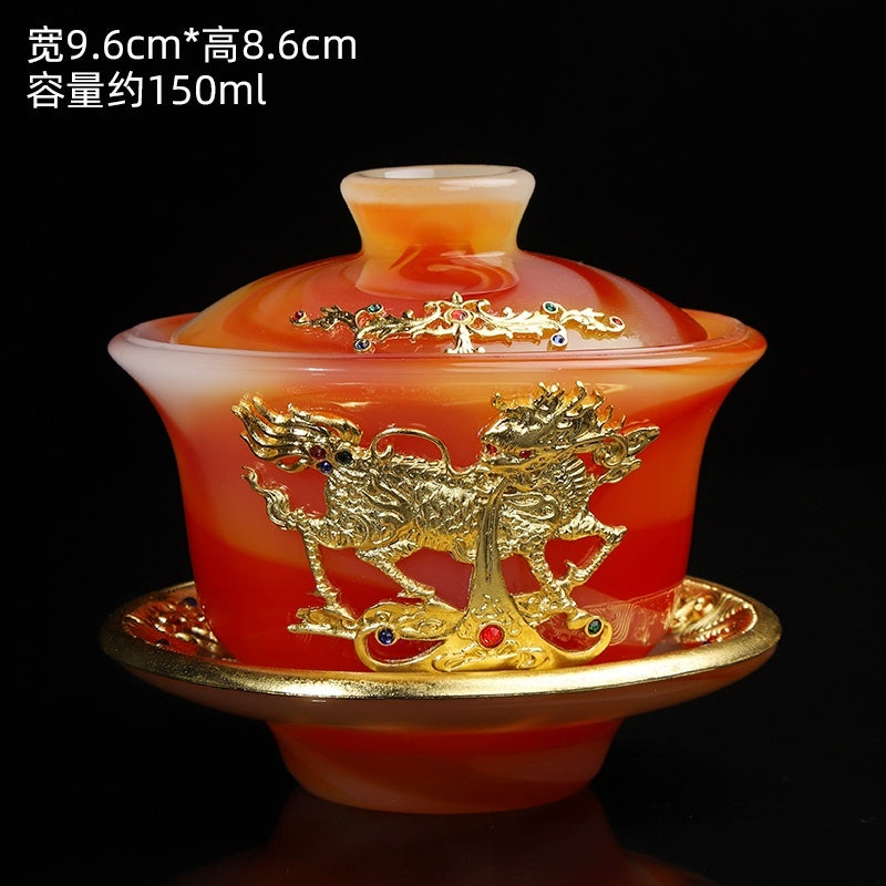 High-grade gold inlaid jade dragon and phoenix large covered bowl tea cup glazed jade tea bowl with lid tea set ancient kung fu tea bowl