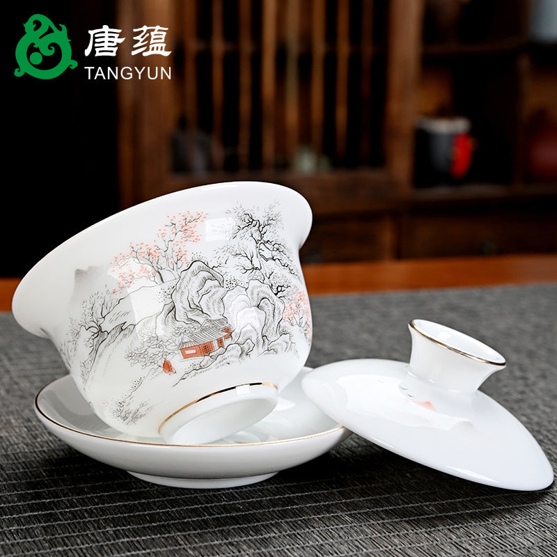 Ice-type mutton-fat jade white porcelain Kung Fu tea set home office reception ceramic covered bowl tea cup high-end gift box