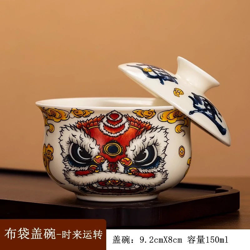 Retro new style hovering awakening lion time to turn luck Kung Fu tea set Sancai covered bowl creative ceramic tea bowl tea brewing covered bowl