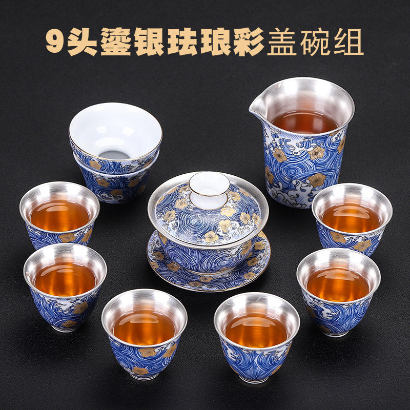 [Kaolin material] Enamel handmade ceramic silver-plated tea set 999 silver automatic tea set Kung Fu teacup tea brewing household teapot