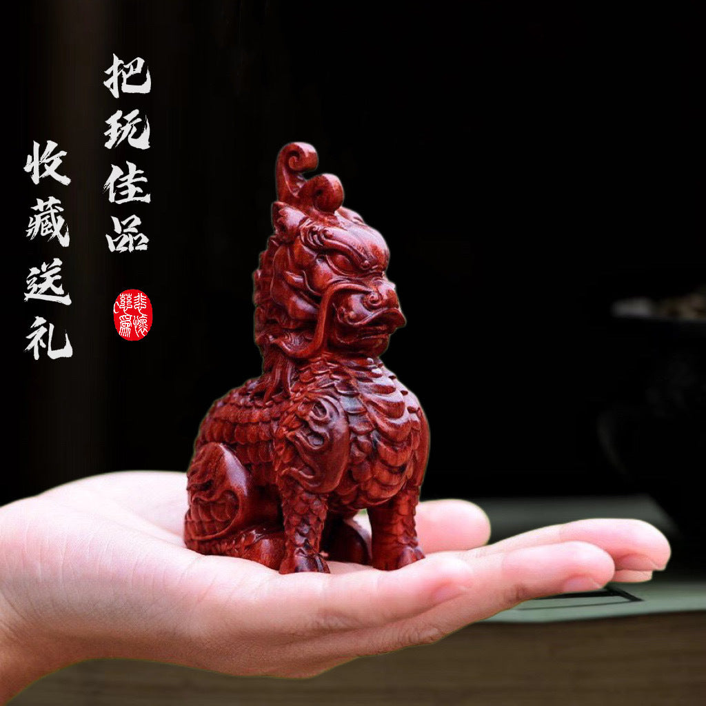 Small-leaf red sandalwood carving lucky beast unicorn hand-held pieces agarwood cultural play wooden crafts tea pet ornaments