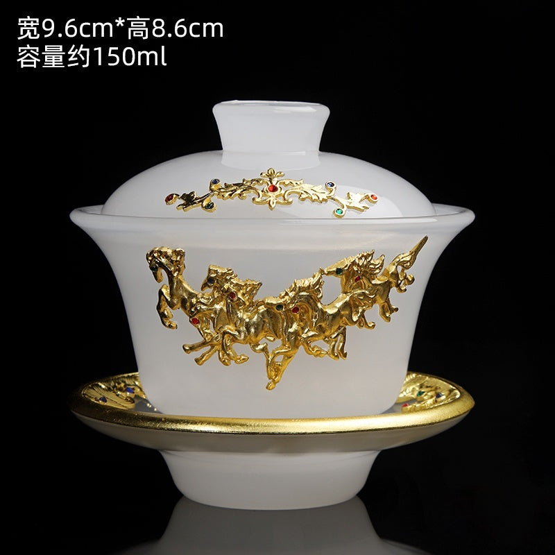 High-grade gold inlaid jade dragon and phoenix large covered bowl tea cup glazed jade tea bowl with lid tea set ancient kung fu tea bowl