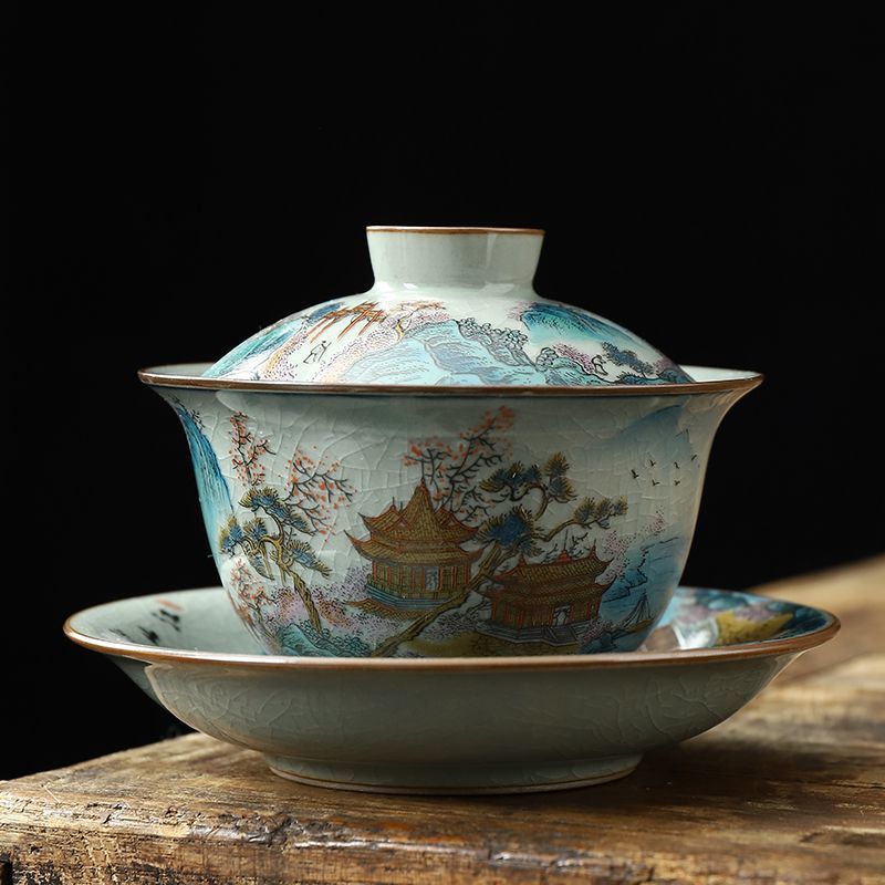 Three-piece porcelain set Ru kiln ink-colored auspicious cloud lidded bowl with cracks, can be used to raise a tea cup, anti-scalding Kung Fu tea set, tea brewing cup