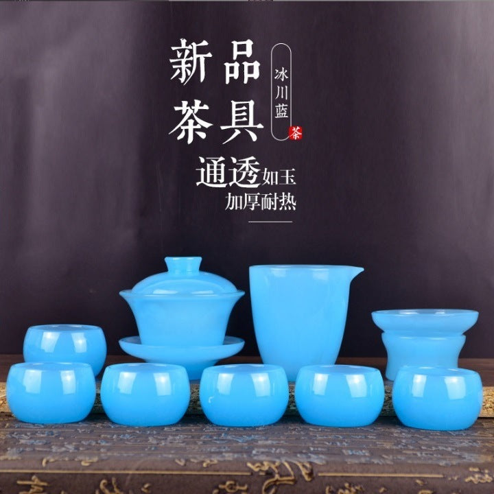 [Transparent as jade] Sky blue colored glaze Kung Fu tea set set with covered bowl and tea cup, complete set of home office tea brewing, business high-end gift tea set