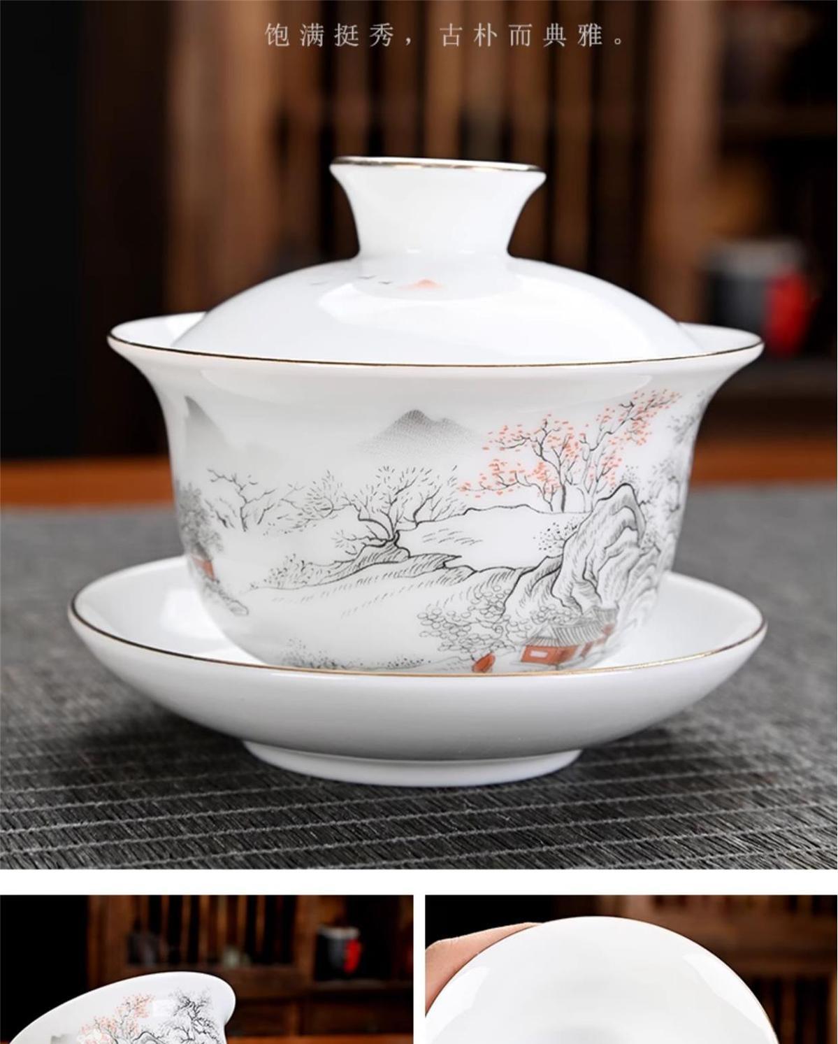 Ice-type mutton-fat jade white porcelain Kung Fu tea set home office reception ceramic covered bowl tea cup high-end gift box